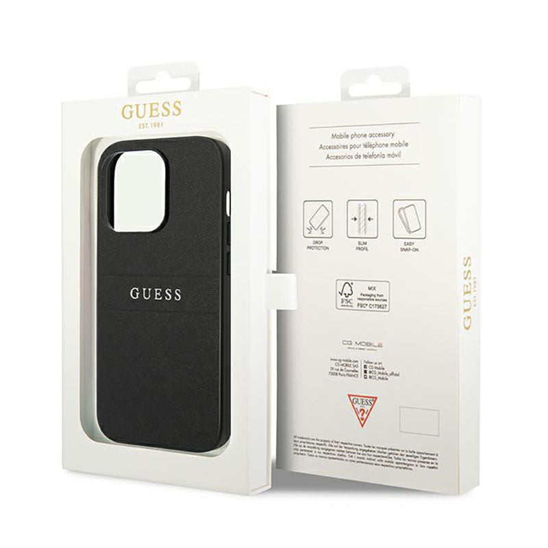 Guess Saffiano Metal Logo Stripes – dėklas skirtas iPhone 14 Pro (juodas)
