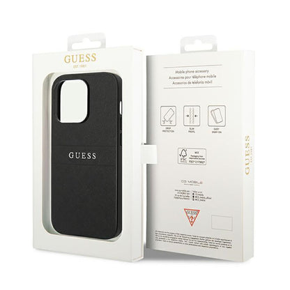Guess Saffiano Metal Logo Stripes – dėklas skirtas iPhone 14 Pro (juodas)
