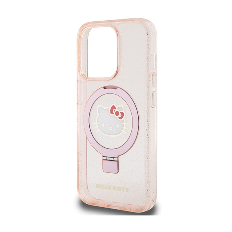Hello Kitty žiedinis stovas su blizgučiais, elektros srove ir logotipu MagSafe – iPhone 15 Pro dėklas (rožinis)