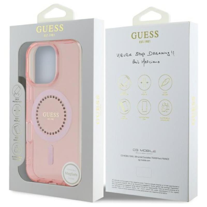 Guess IML Rhinestones MagSafe – dėklas iPhone 16 Pro Max (rožinė)