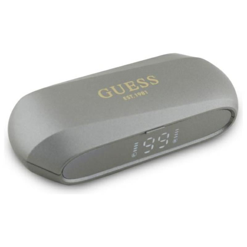 Guess Elongated Metallic Printed Logo – Bluetooth TWS ausinės + įkrovimo dėklas (pilkos spalvos)