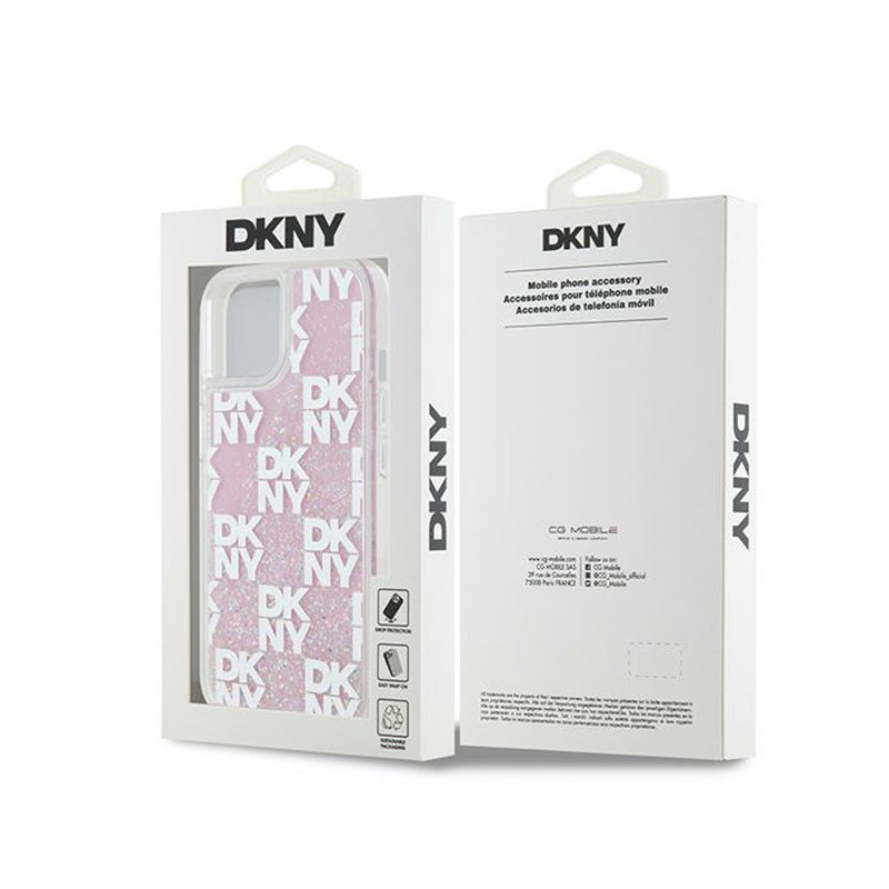 DKNY Liquid Glitter Multilogo – Dėklas iPhone 15 / 14 / 13 (rožinis)