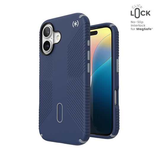 Speck Presidio2 Grip ClickLock & MagSafe – dėklas skirtas iPhone 16 (Coastal Blue / Dust Grey / White)