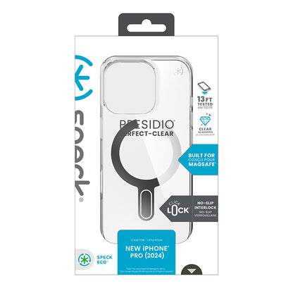 Speck Presidio Perfect-Clear ClickLock & MagSafe – Dėklas skirtas iPhone 16 Pro (Skaidrus / Chromuotas Paviršius / Serene Silver)