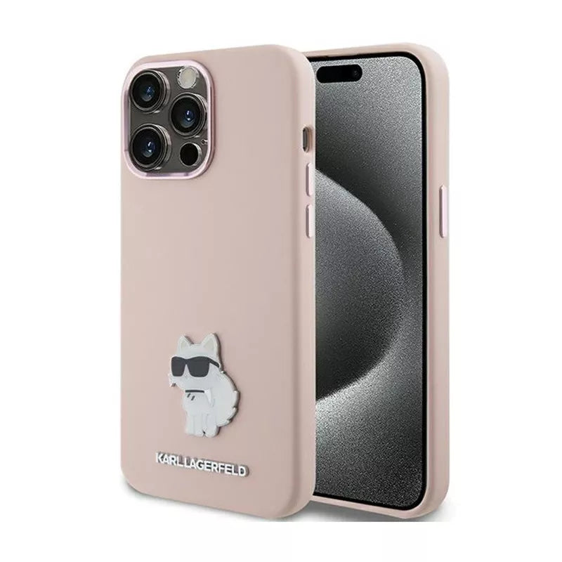 Karl Lagerfeld silikoninis „Choupette“ metalinis segtukas – „iPhone 15 Pro“ dėklas (rožinė)