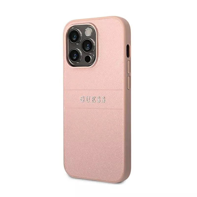 Guess Saffiano Metal Logo Stripes – dėklas iPhone 14 Pro (rožinis)
