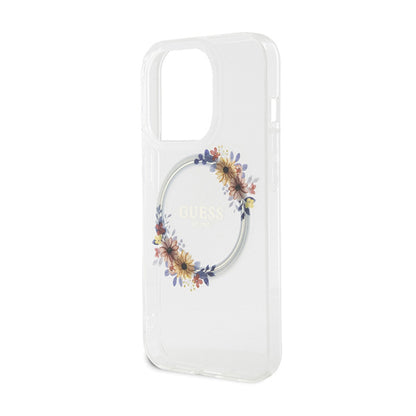 Guess IML Flowers Wreath MagSafe – „iPhone 15 Pro“ dėklas (skaidrus)