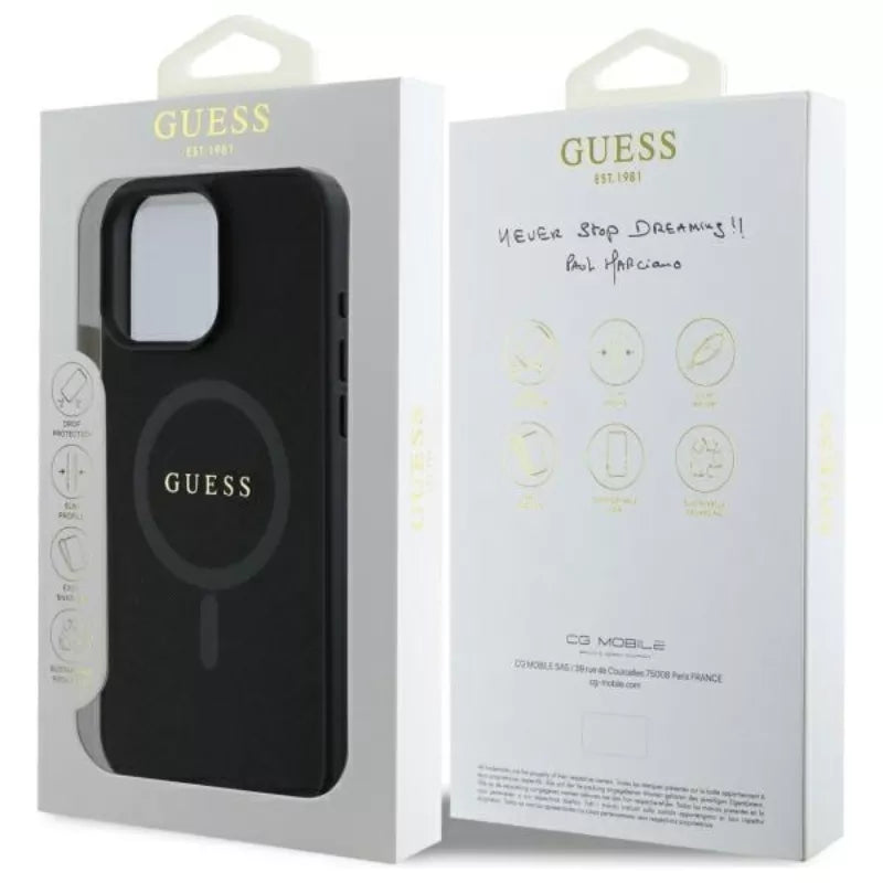Guess Saffiano Classic Logo MagSafe - Dėklas skirtas iPhone 16 Pro Max (juodas)
