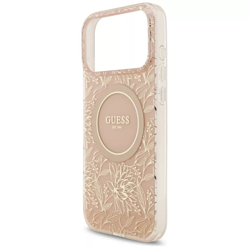 Guess IML Gėlės Elektrinė Perlų Rankenėlė MagSafe dėklas iPhone 17 Pro Max (rožinė)
