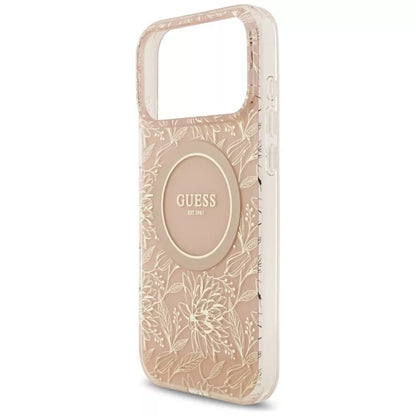 Guess IML Gėlės Elektrinė Perlų Rankenėlė MagSafe dėklas iPhone 17 Pro Max (rožinė)