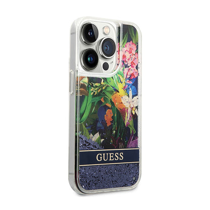 "Guess Liquid Glitter Flower" - "iPhone 14 Pro" dėklas (mėlynas)