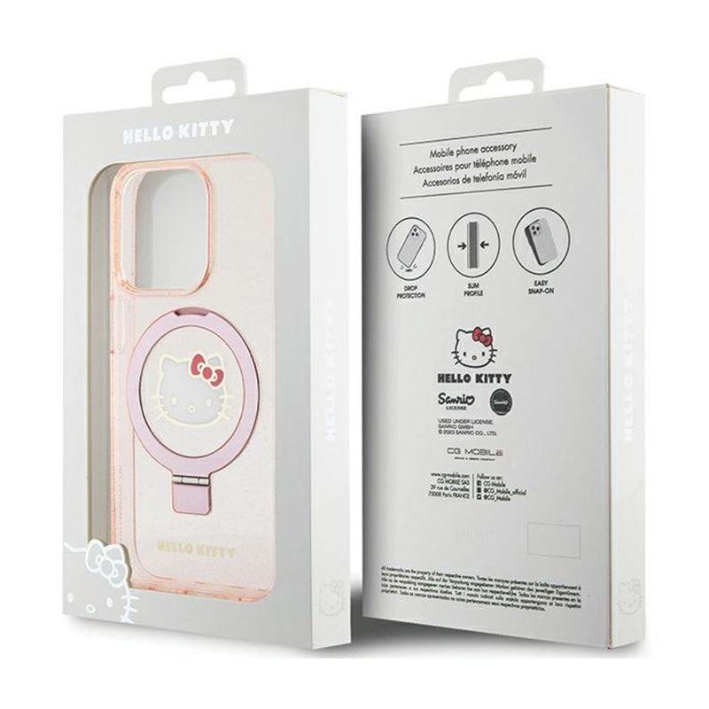 Hello Kitty žiedinis stovas su blizgučiais, elektros srove ir logotipu MagSafe – iPhone 15 Pro dėklas (rožinis)