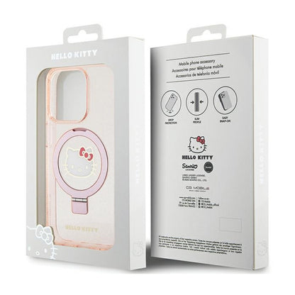 Hello Kitty žiedinis stovas su blizgučiais, elektros srove ir logotipu MagSafe – iPhone 15 Pro dėklas (rožinis)