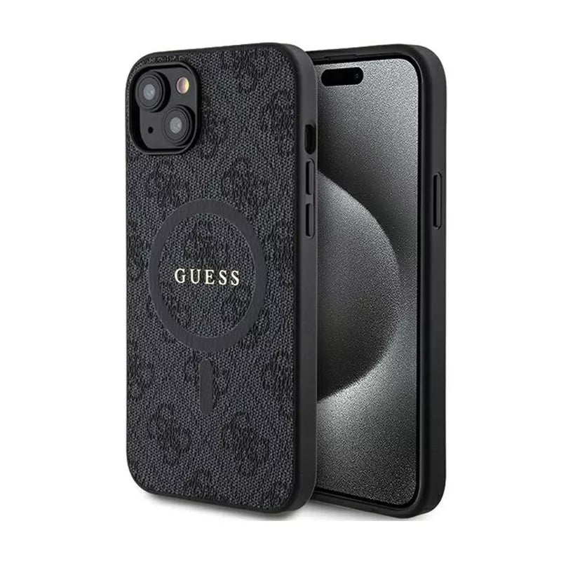 Guess 4G Collection Leather Metal Logo MagSafe – dėklas „iPhone 15/14/13“ (juodas)