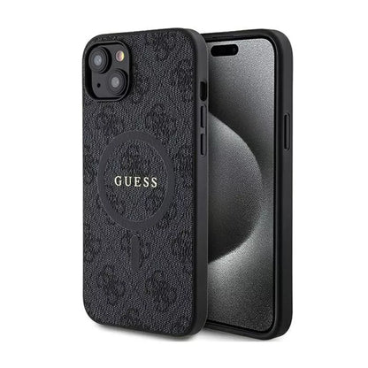 Guess 4G Collection Leather Metal Logo MagSafe – dėklas „iPhone 15/14/13“ (juodas)
