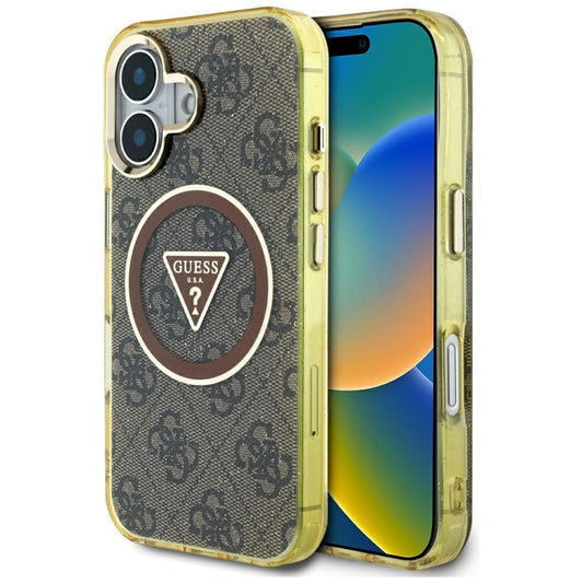 Guess IML Metal Glitter 4G Circle Triangle MagSafe – dėklas, skirtas „iPhone 16“ (rudos spalvos)