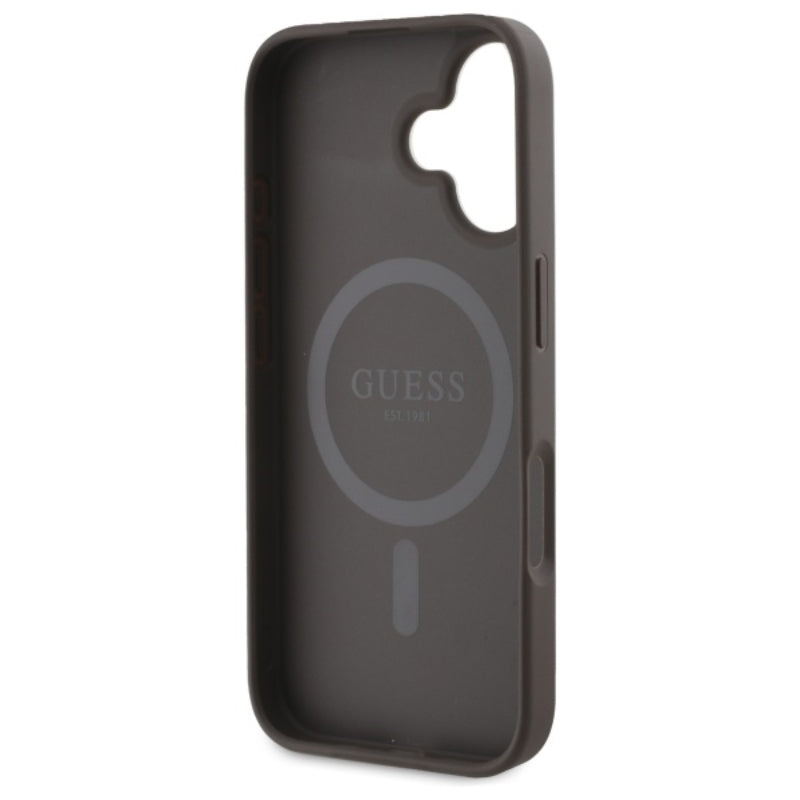 Guess Peony Script MagSafe dėklas, skirtas iPhone 16 (ruda)