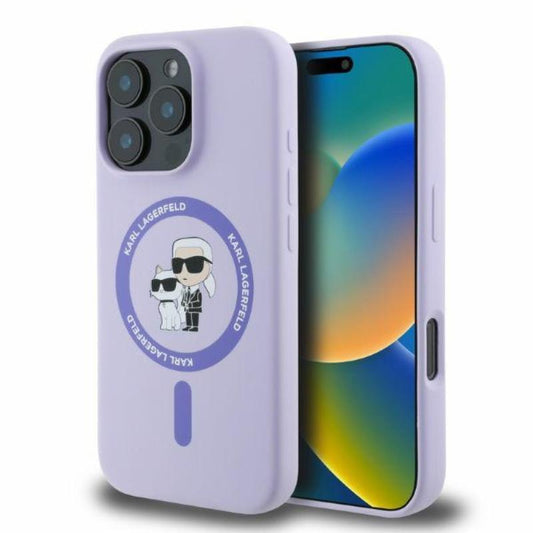 Karl Lagerfeld Silikoninis Karl & Choupette Ring MagSafe – dėklas iPhone 16 Pro (violetinis)
