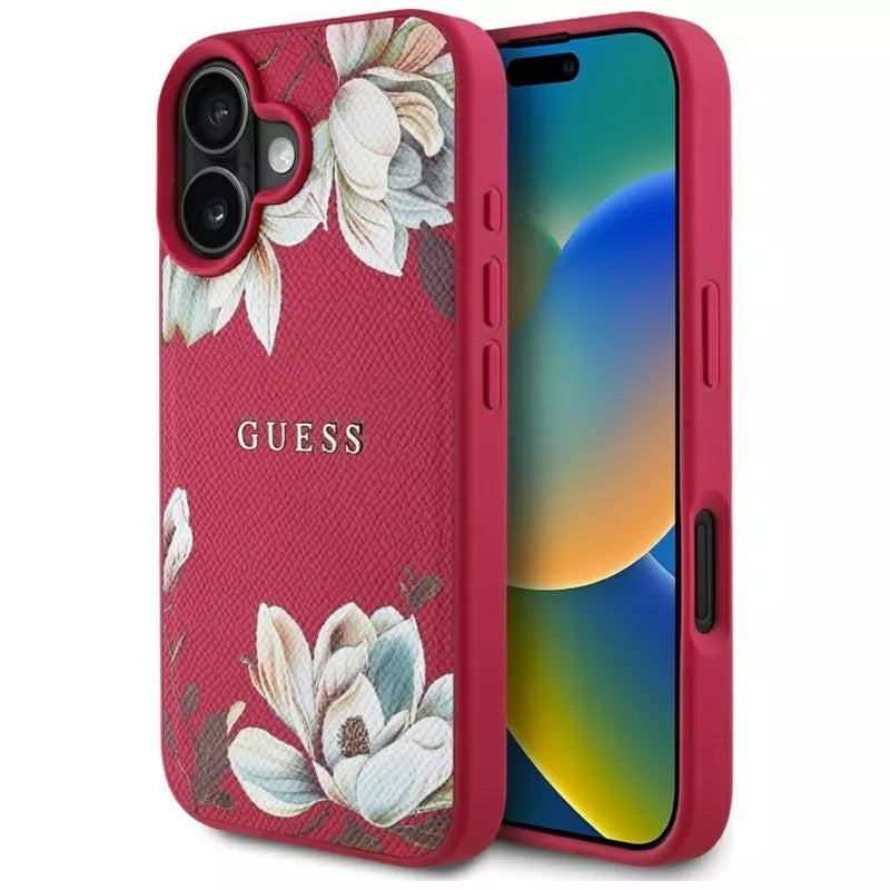 Guess Grained Printed Flower Pattern MagSafe – Dėklas iPhone 16 (fuksijos spalvos)