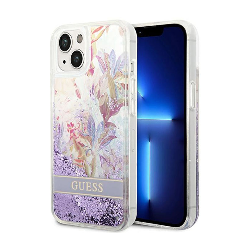 Guess Liquid Glitter Flower – Dėklas, skirtas „iPhone 14 Plus“ (violetinis)