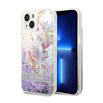 Guess Liquid Glitter Flower – Dėklas, skirtas „iPhone 14 Plus“ (violetinis)