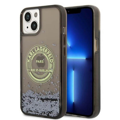 Karl Lagerfeld dėklas "Liquid Glitter Round RSG Logo" – dėklas skirtas iPhone 14 (Juodas)