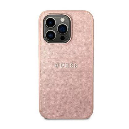 Guess Saffiano Metal Logo Stripes – dėklas iPhone 14 Pro (rožinis)