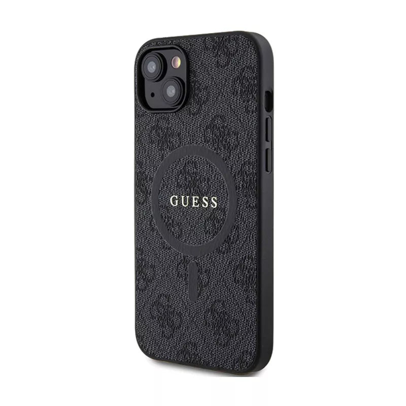 Guess 4G Collection Leather Metal Logo MagSafe – dėklas „iPhone 15/14/13“ (juodas)