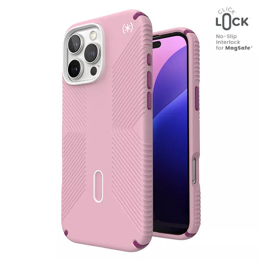 Speck Presidio2 Grip ClickLock & MagSafe – dėklas iPhone 16 Pro Max (trečiadienio rožinė / šermukšnio violetinė / balta)