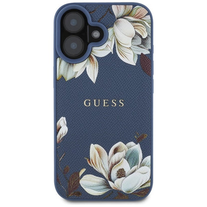 Guess MagSafe dėklas, skirtas iPhone 16 su grūdėta gėlių spauda (mėlynas)