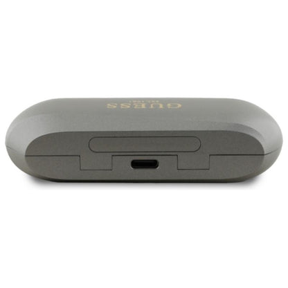 Guess Elongated Metallic Printed Logo – Bluetooth TWS ausinės + įkrovimo dėklas (pilkos spalvos)