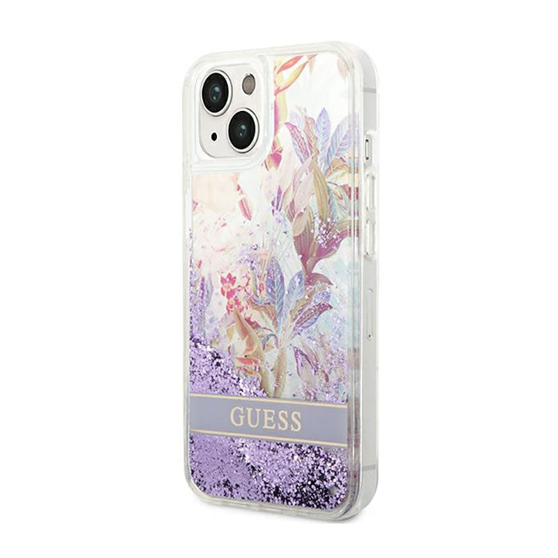 Guess Liquid Glitter Flower – Dėklas, skirtas „iPhone 14 Plus“ (violetinis)