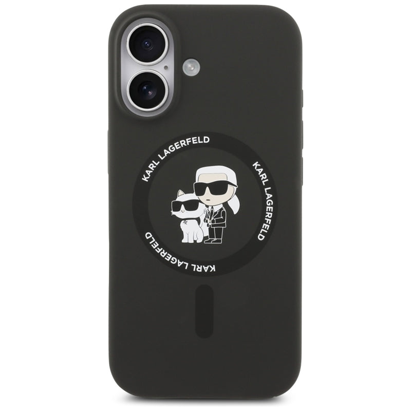 Karl Lagerfeld Silikoninis dėklas su Karl & Choupette žiedu, MagSafe, skirtas iPhone 17 (juodas)