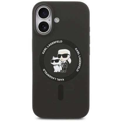 Karl Lagerfeld Silikoninis dėklas su Karl & Choupette žiedu, MagSafe, skirtas iPhone 17 (juodas)
