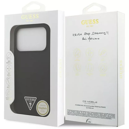 Guess Silikoninis MagSafe dėklas su Trikampio logotipu iPhone 17 Pro Max (juodas)