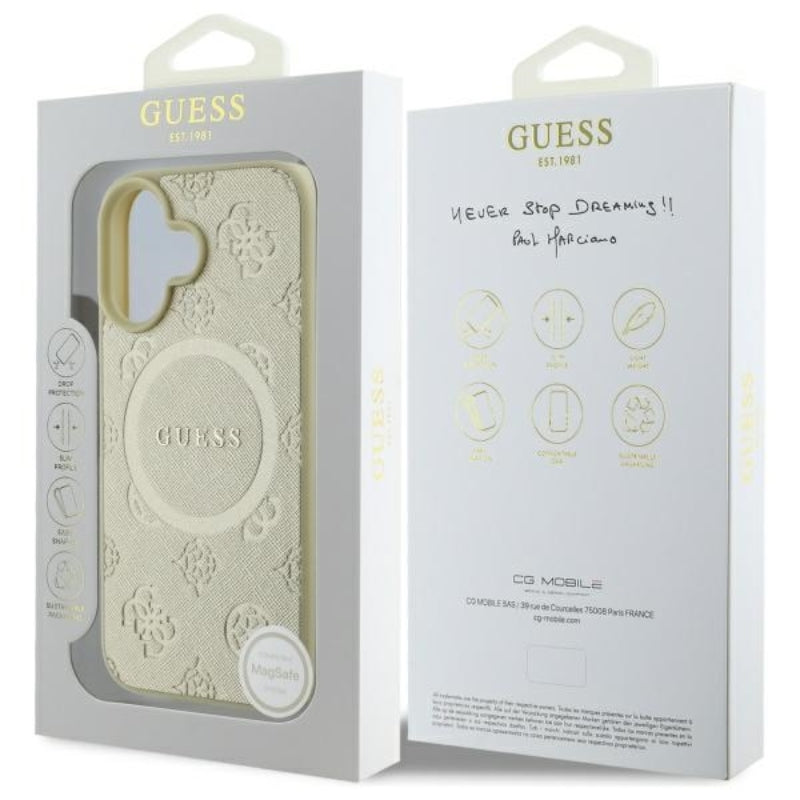 Guess Saffiano Peony Classic Logo MagSafe - dėklas skirtas iPhone 16 (auksinis)