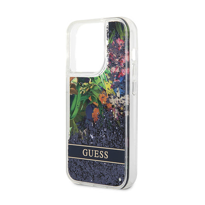 "Guess Liquid Glitter Flower" - "iPhone 14 Pro" dėklas (mėlynas)
