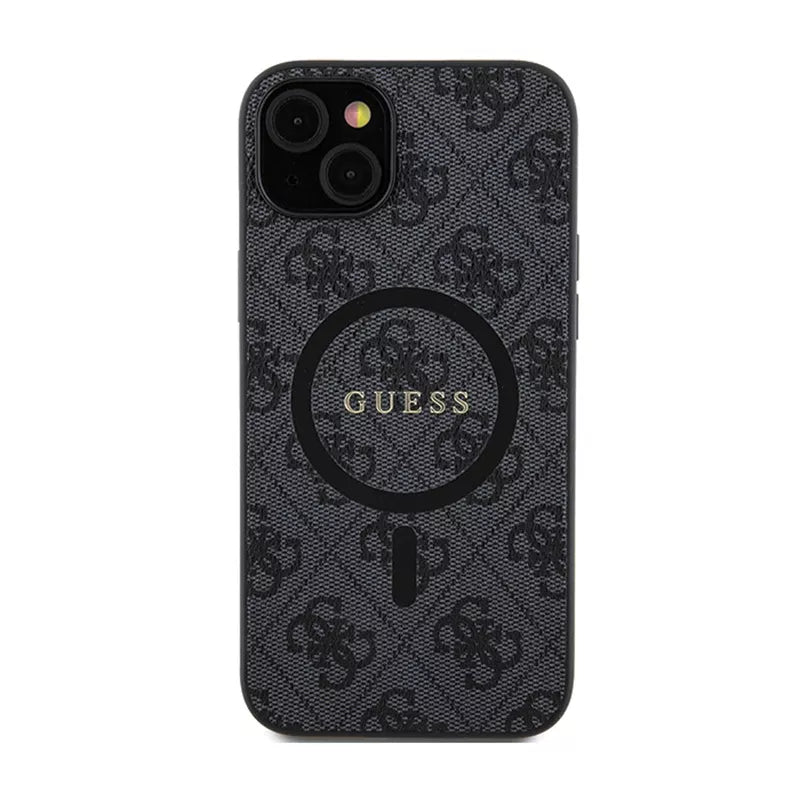 Guess 4G Collection Leather Metal Logo MagSafe – dėklas „iPhone 15/14/13“ (juodas)