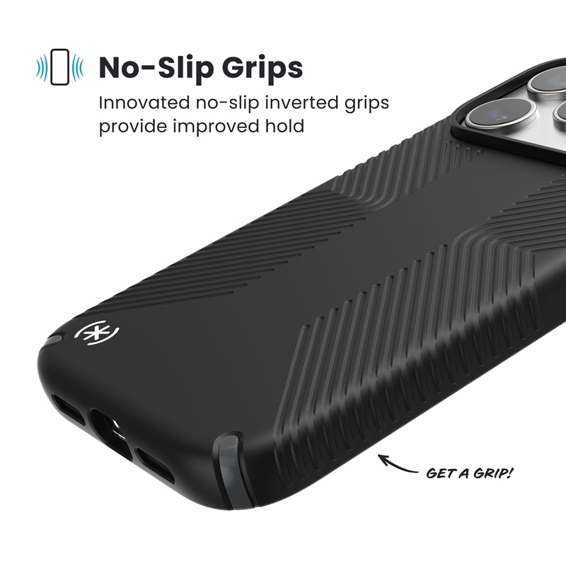 Speck Presidio2 Grip MagSafe – dėklas iPhone 17 Pro (juodos / skalūno pilkos / baltos spalvos)