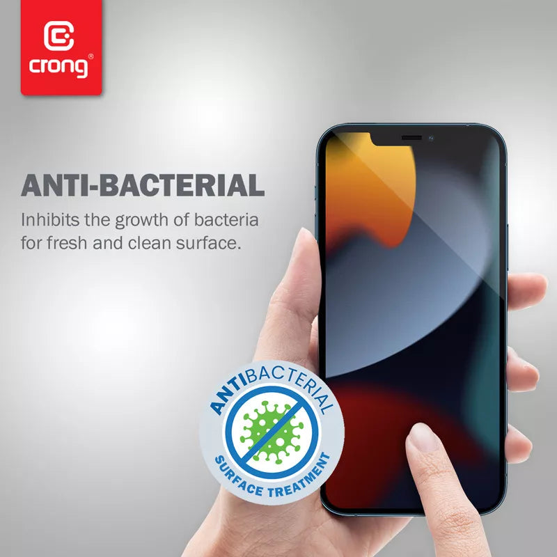 Crong Anti-Bacterial 3D Armour Glass - 9H grūdintas stiklas visam iPhone 16e / iPhone 14 / iPhone 13 / iPhone 13 Pro ekranui + montavimo rėmelis