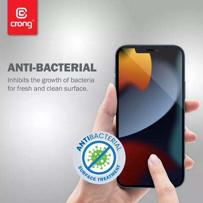 Crong Anti-Bacterial 3D Armour Glass - 9H grūdintas stiklas visam iPhone 16e / iPhone 14 / iPhone 13 / iPhone 13 Pro ekranui + montavimo rėmelis