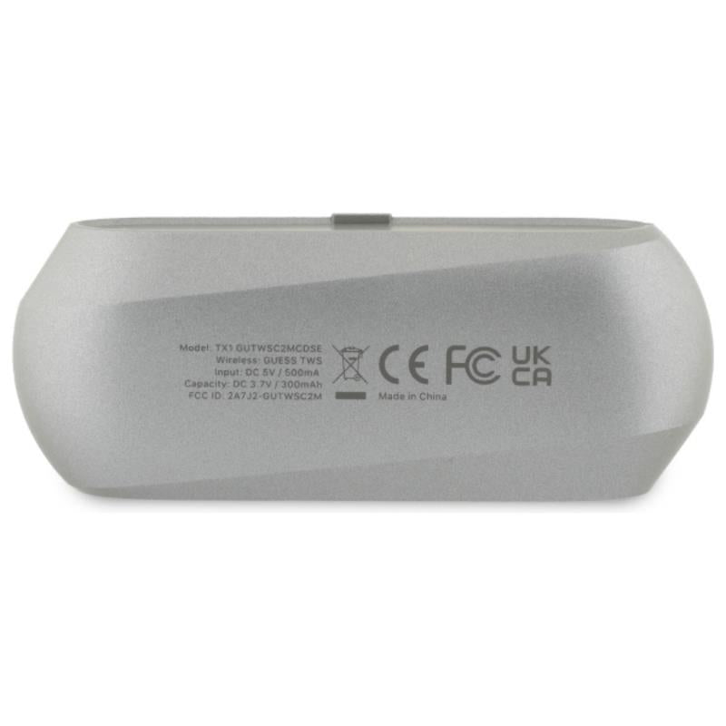 Guess Elongated Metallic Printed Logo – Bluetooth TWS ausinės + įkrovimo dėklas (pilkos spalvos)