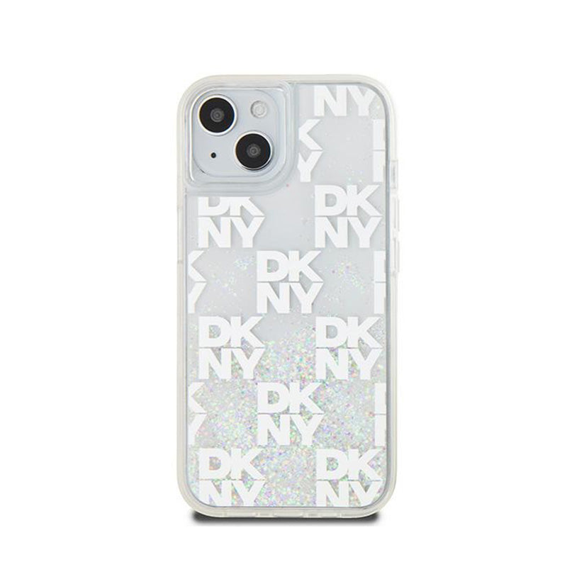 DKNY Liquid Glitter Multilogo – dėklas iPhone 15 / 14 / 13 (baltas)