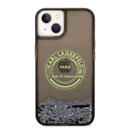 Karl Lagerfeld dėklas "Liquid Glitter Round RSG Logo" – dėklas skirtas iPhone 14 (Juodas)