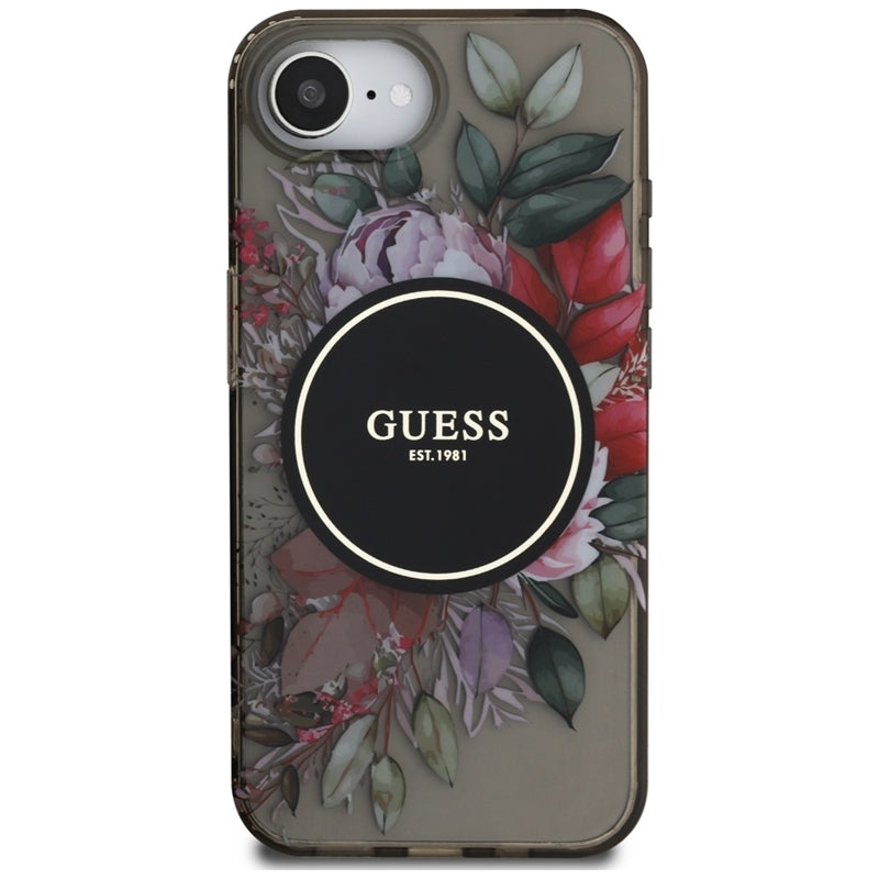 Guess IML Flowers MagSafe – dėklas skirtas iPhone 16e (juodas)