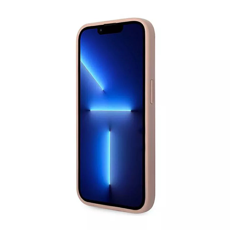 Guess Saffiano Metal Logo Stripes – dėklas iPhone 14 Pro (rožinis)
