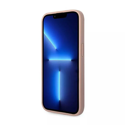Guess Saffiano Metal Logo Stripes – dėklas iPhone 14 Pro (rožinis)