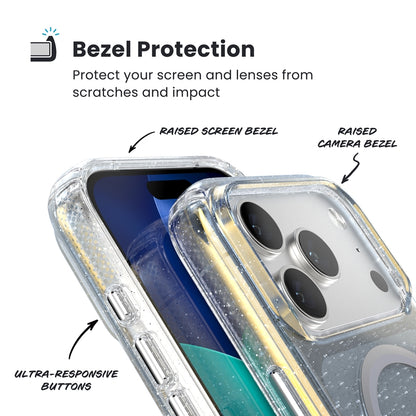 Speck Presidio Lux MagSafe dėklas - iPhone 17 Pro dėklas (Hyper Mirror Glitter / Silver Metallic)