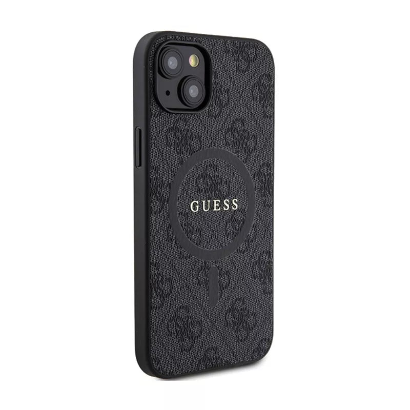 Guess 4G Collection Leather Metal Logo MagSafe – dėklas „iPhone 15/14/13“ (juodas)
