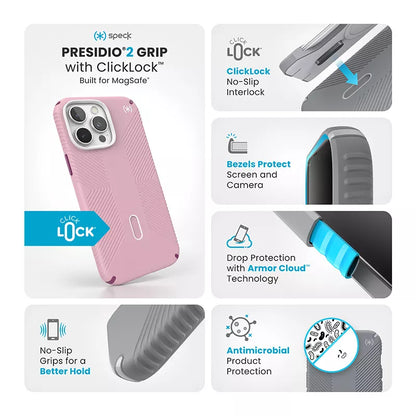 Speck Presidio2 Grip ClickLock & MagSafe – dėklas iPhone 16 Pro Max (trečiadienio rožinė / šermukšnio violetinė / balta)